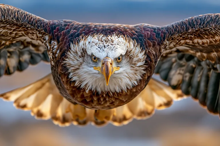 A majestic eagle is captured in a dramatic, head-on shot as it soars