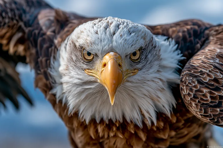 A close-up, front-facing portrait of a bald eagle in flight