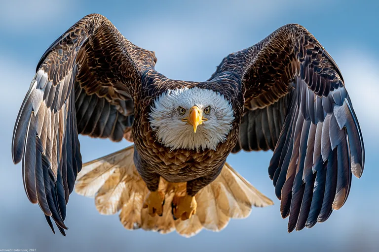 A majestic bald eagle is captured in mid-flight, its wings spread