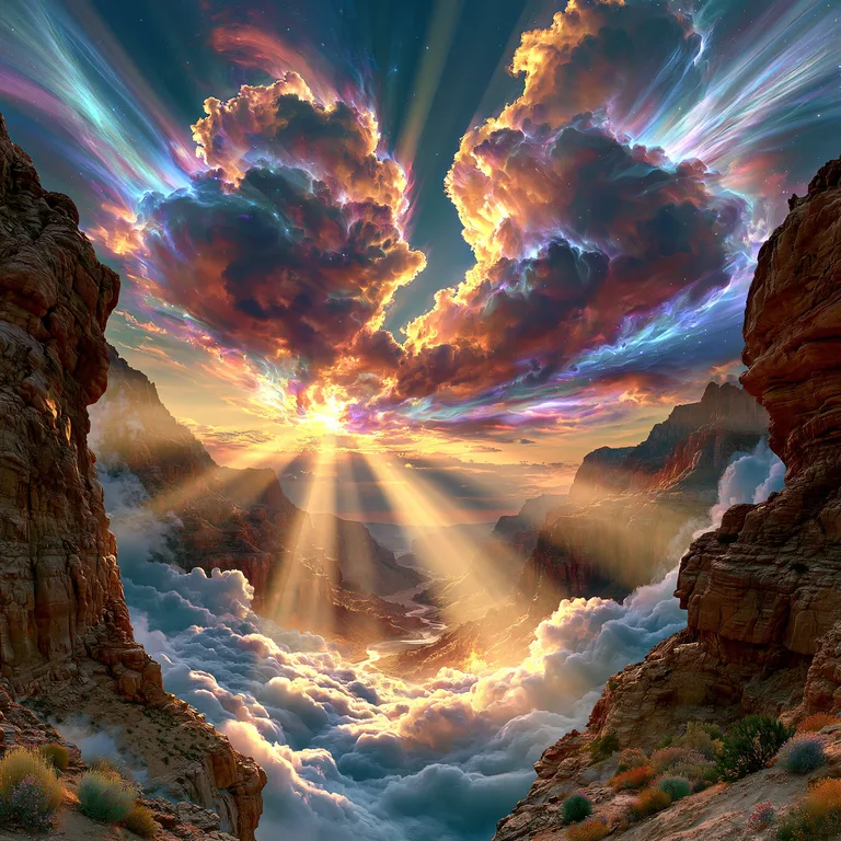 A breathtaking view of a canyon at sunset, with dramatic clouds