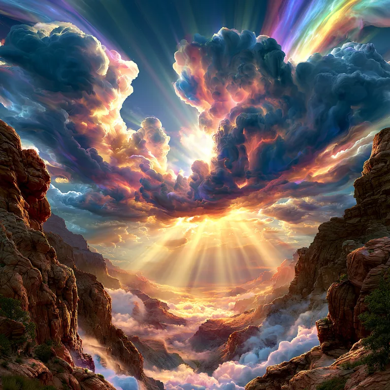 A dramatic vista unfolds within a canyon, with towering rock