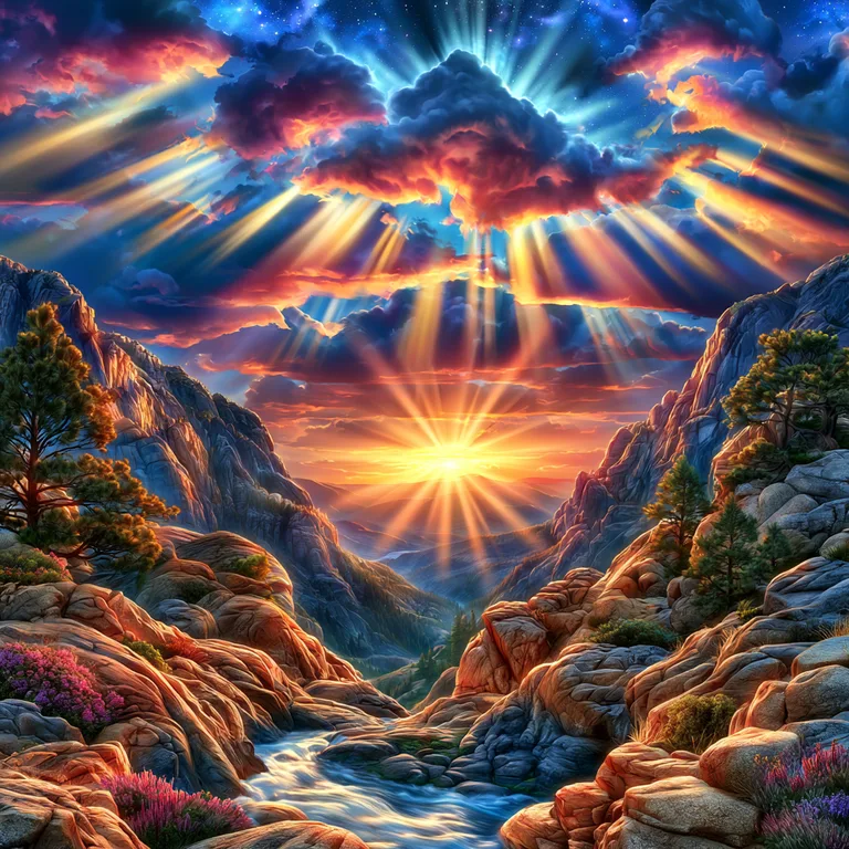 A breathtaking mountain valley is illuminated by a dramatic sunrise,