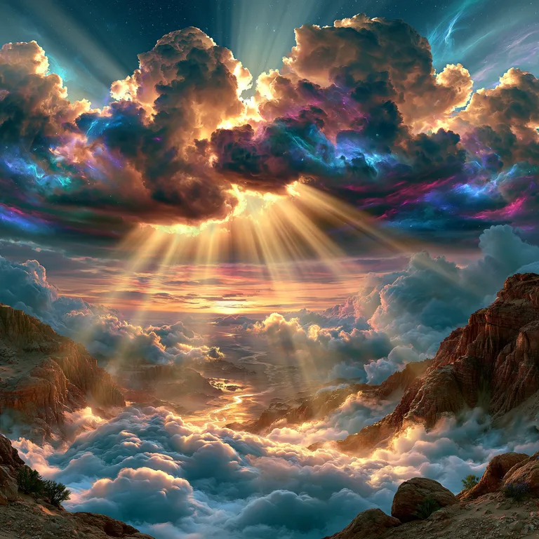 A majestic celestial landscape unfolds with dramatic clouds