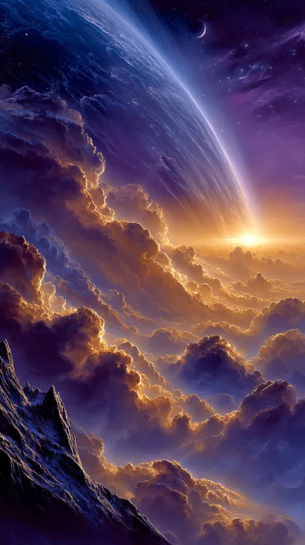 A dramatic celestial scene unfolds with a planet's curved horizon