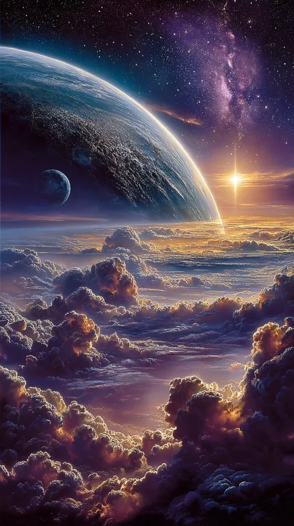 A breathtaking view of a planet and its moon hangs in the vast