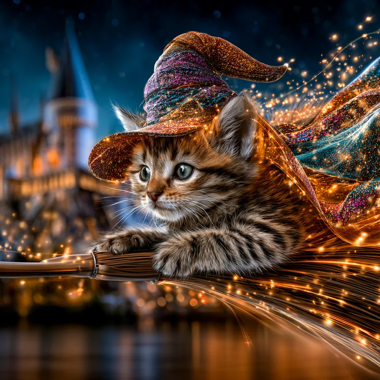 A cute tabby kitten wearing a sparkling wizard hat and a magical,