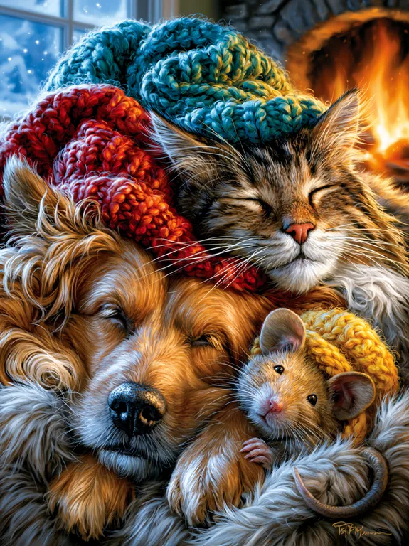 A golden retriever, a cat, and a mouse are snuggled together, all