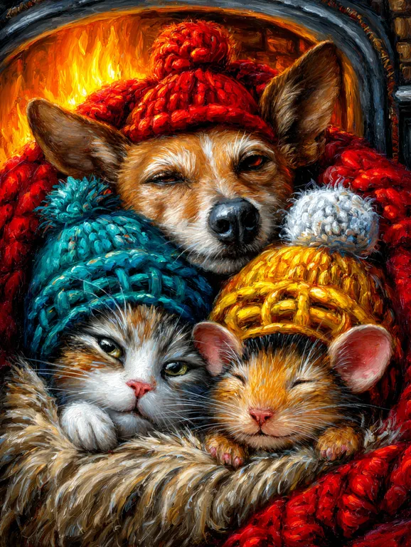 A heartwarming scene depicts a dog, a cat, and a mouse snuggled