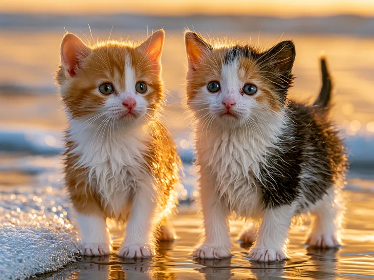 Two adorable kittens stand on a wet sandy beach at sunset