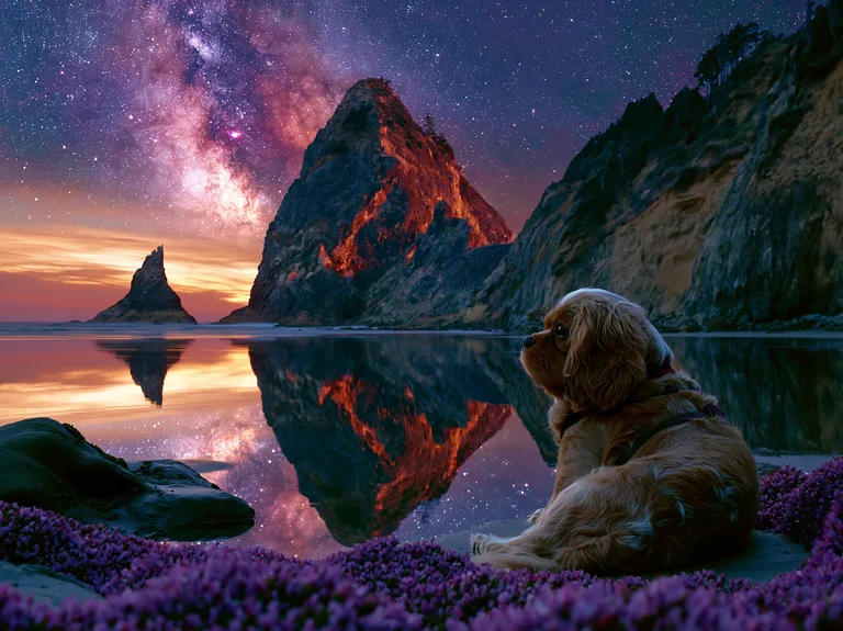 A small, fluffy dog sits on a rocky outcrop covered in purple