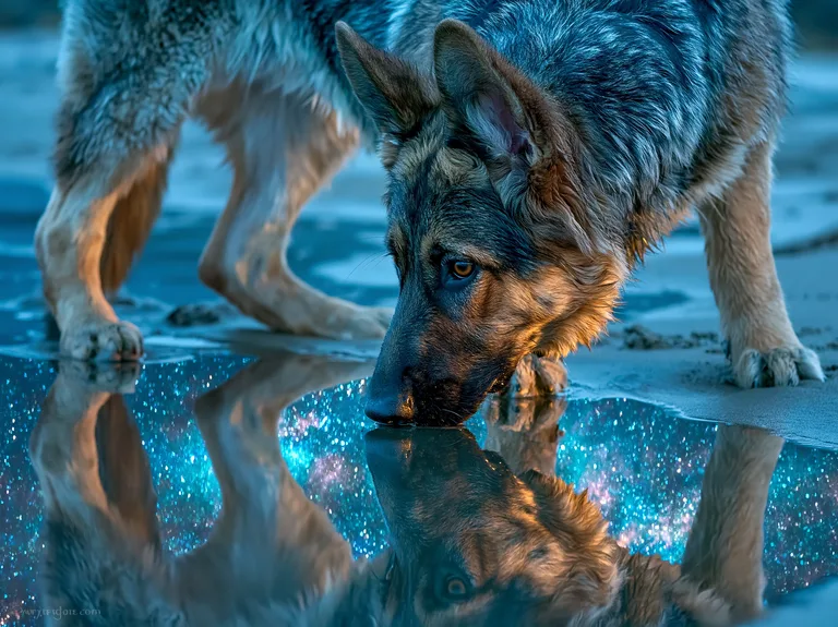 A German Shepherd dog is captured in a close-up shot as it drinks