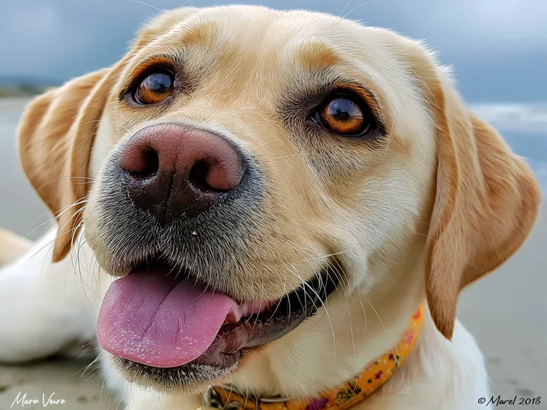 A close-up portrait of a happy Labrador Retriever dog on a beach