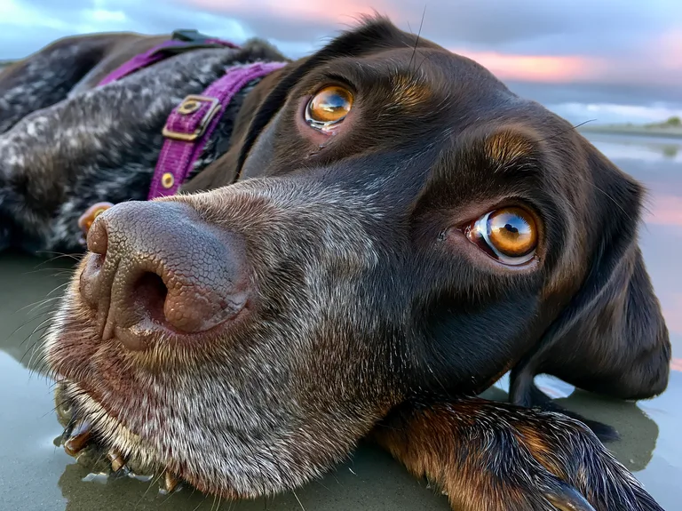 A close-up, low-angle shot of a German Shorthaired Pointer lying on a