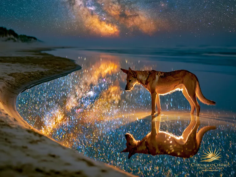 A dingo stands in shallow water on a beach at night, gazing at its