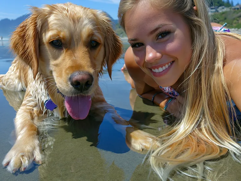 A young woman and her golden retriever are lying on a wet sandy