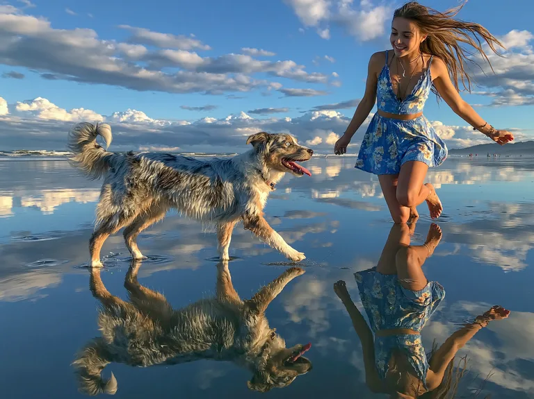 A young woman and her dog are joyfully running on a wet beach, their