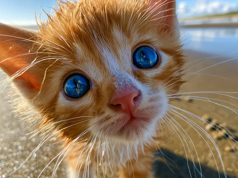 A close-up, low-angle shot captures an adorable ginger kitten with