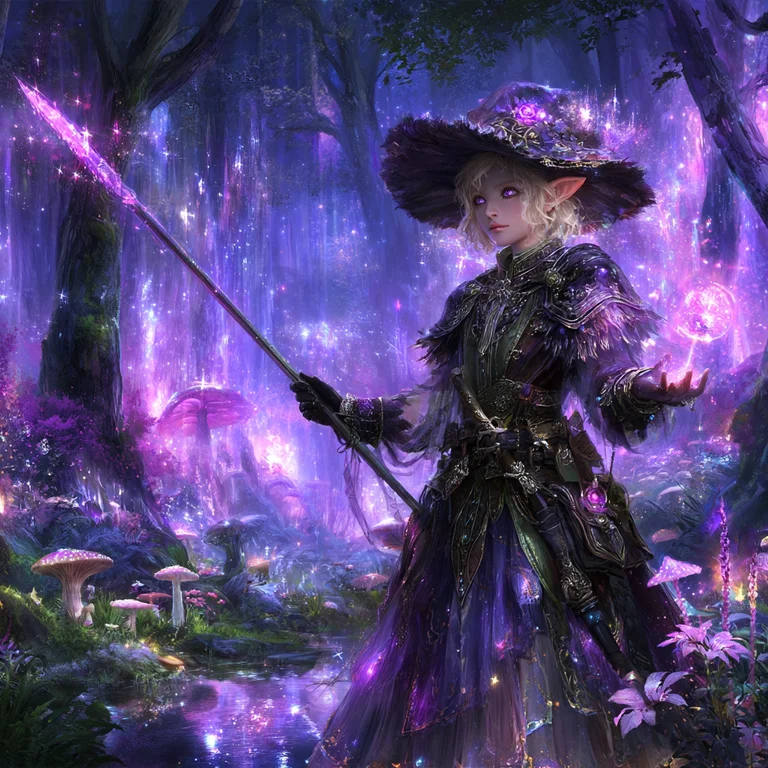 A young elf sorceress stands in a mystical, glowing forest