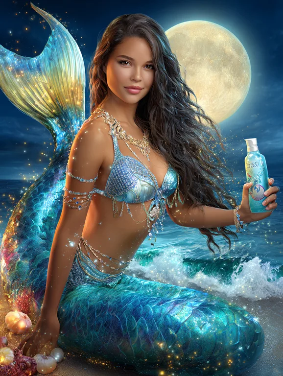 A beautiful mermaid with a shimmering blue tail sits on a sandy beach