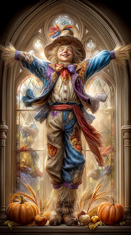 A cheerful scarecrow stands with arms outstretched in front of a