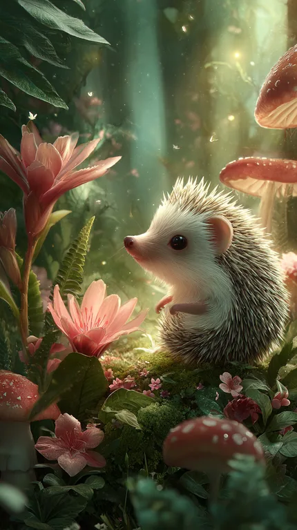 A small, adorable hedgehog is the central focus, nestled amongst lush