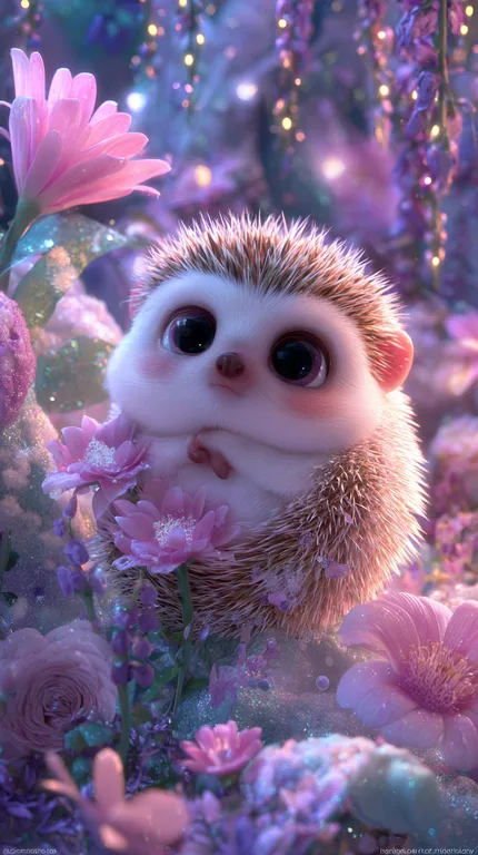 A very cute and fluffy hedgehog is sitting in a magical garden filled