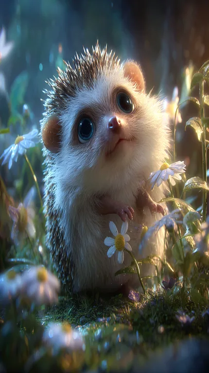 A cute, fluffy hedgehog sits in a field of daisies, looking up with