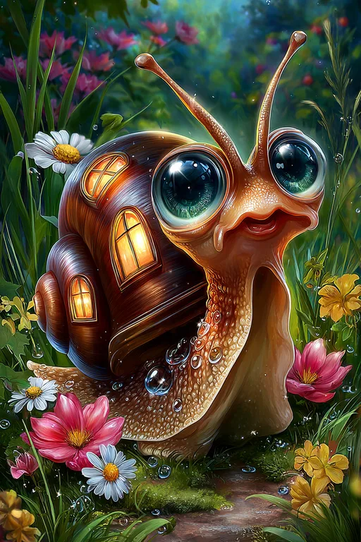 A whimsical, anthropomorphic snail with a shell resembling a cozy