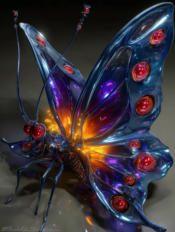 A highly detailed, metallic butterfly with iridescent blue and purple