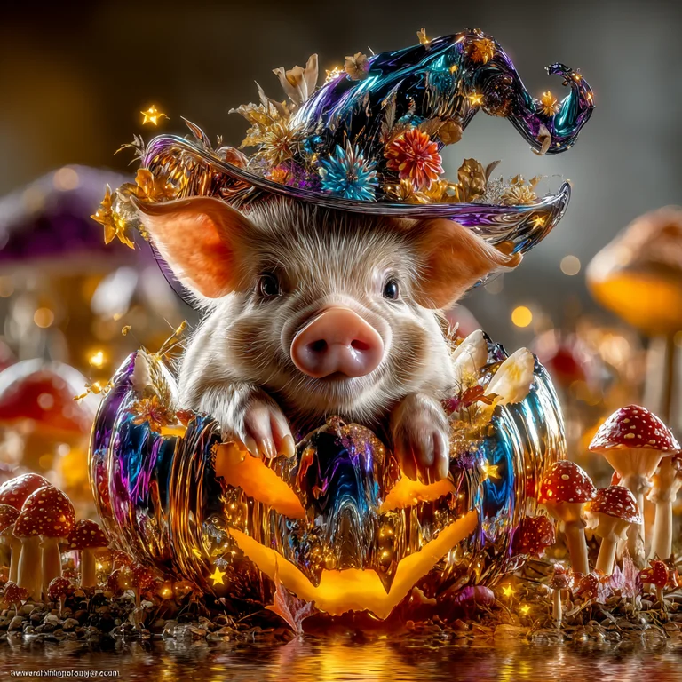 A cute piglet wearing a witch hat sits inside a glowing