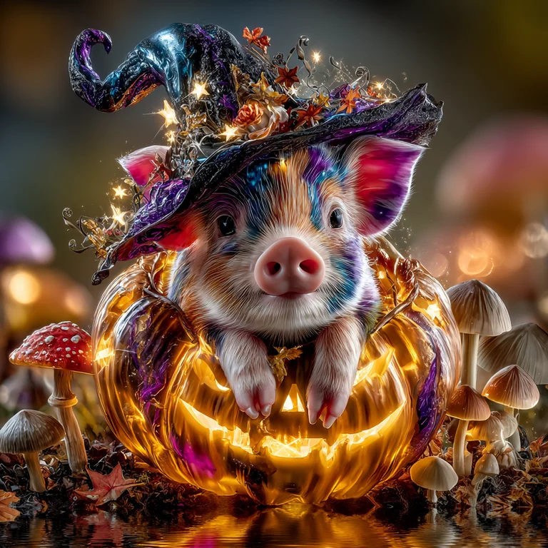 A whimsical piglet adorned with vibrant, psychedelic colors sits