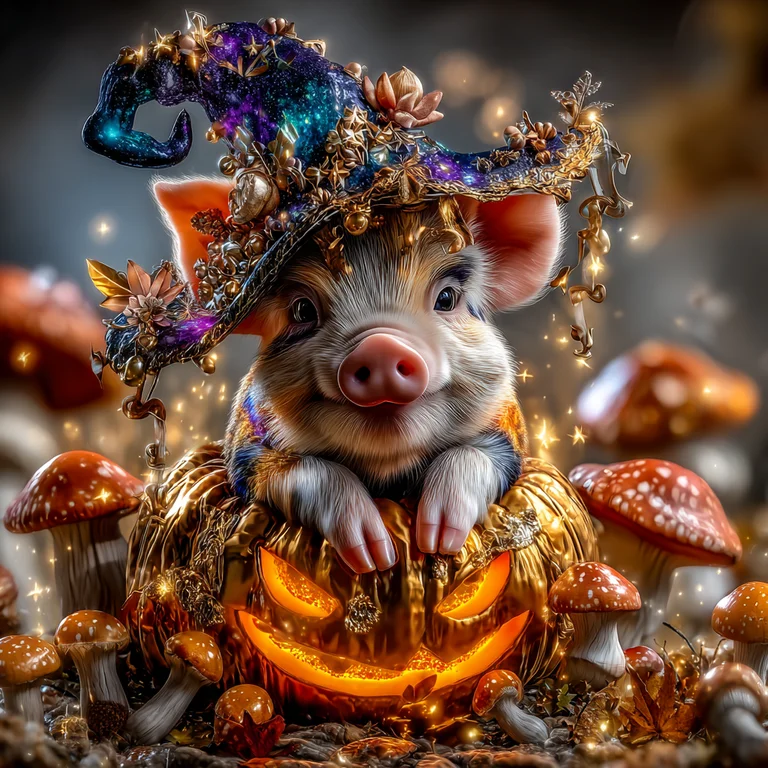 A whimsical piglet dressed as a witch sits atop a glowing