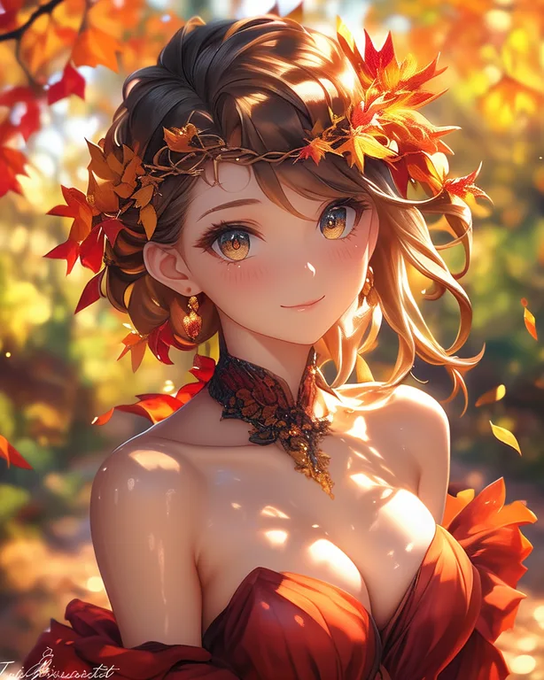 A young woman with a wreath of autumn leaves in her hair smiles gently