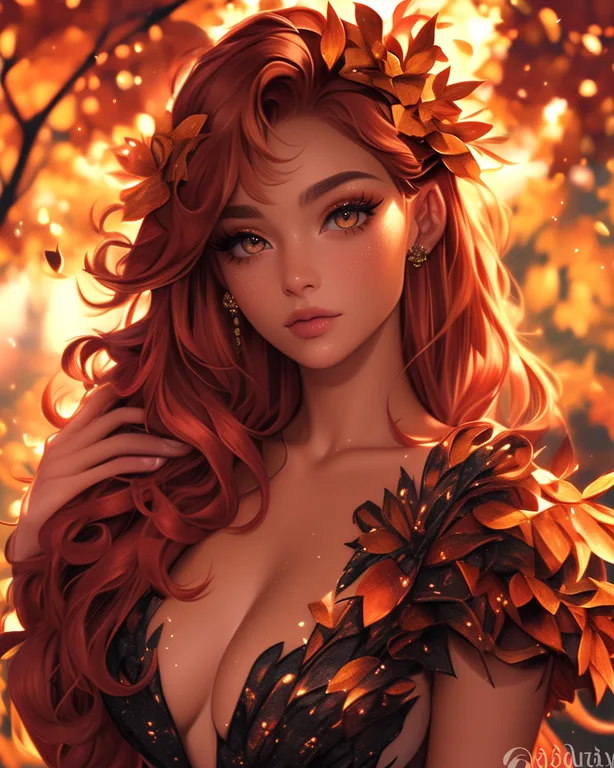 A beautiful woman with long, flowing red hair and captivating amber