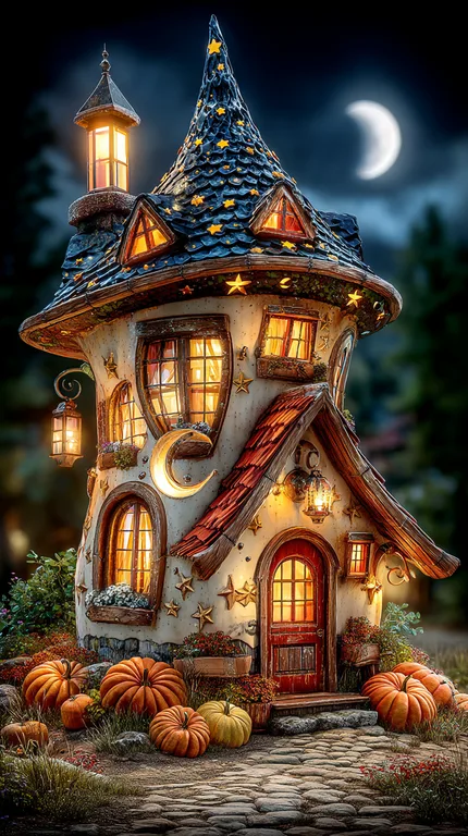 A whimsical, crooked house with a pointed, star-adorned roof sits