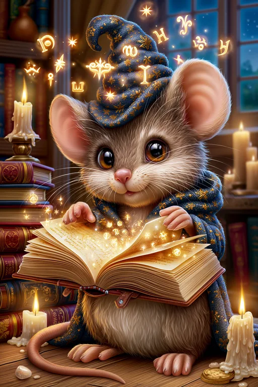 A cute, anthropomorphic mouse dressed as a wizard is engrossed in