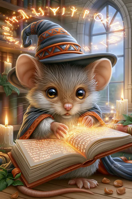 A cute, anthropomorphic mouse wearing a wizard's hat and robe is