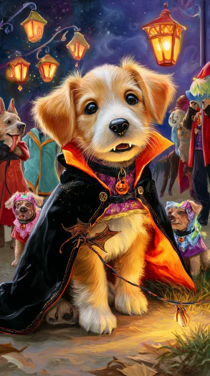 A cute puppy dressed as a vampire for Halloween sits in the