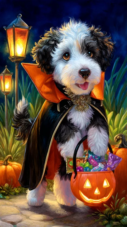 A fluffy black and white dog dressed as a vampire stands on a