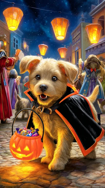A cute, fluffy puppy dressed as a vampire for Halloween holds a