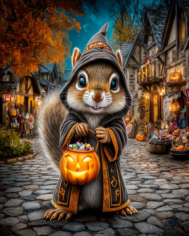 A cute squirrel dressed as a wizard stands in a cobblestone street