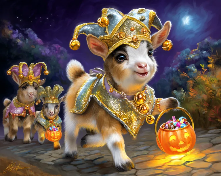 Three adorable baby goats dressed in festive jester costumes are