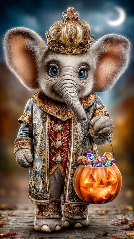 A whimsical baby elephant dressed as royalty holds a glowing