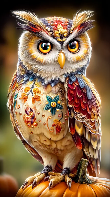 A highly detailed, ornate owl is perched on a pumpkin
