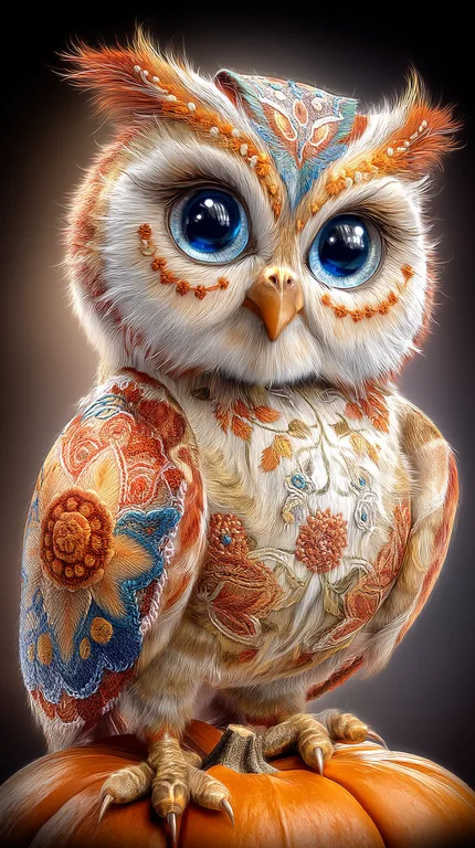 A highly detailed, ornate owl with large, expressive blue eyes sits