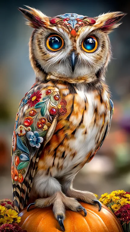 A highly detailed, photorealistic owl is adorned with intricate