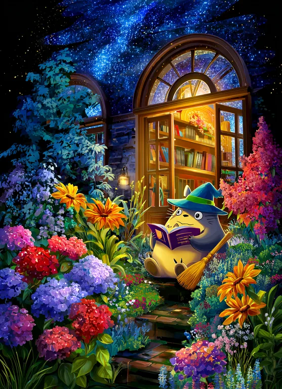 A whimsical character resembling Totoro, wearing a witch's hat, sits