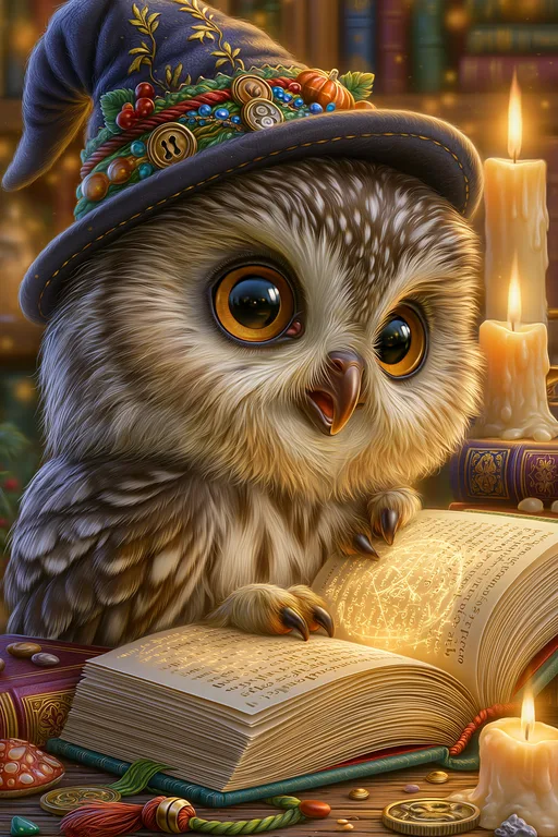 A cute, fluffy owl wearing a witch's hat is engrossed in reading a