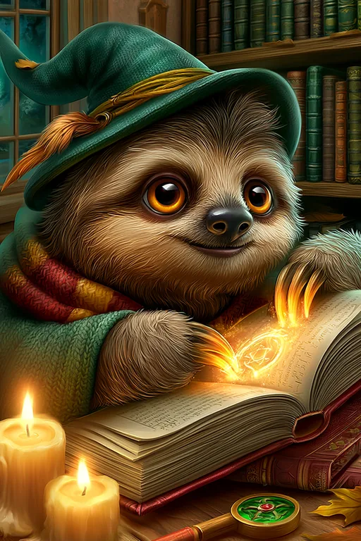 A cute, anthropomorphic sloth wearing a wizard's hat and scarf is
