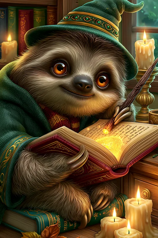 A whimsical sloth dressed as a wizard is engrossed in reading a
